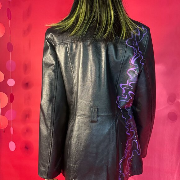 Upcycled Abstract Neon Leather Jacket – Hand-Painted Festival & Street Style - Picture 5 of 12